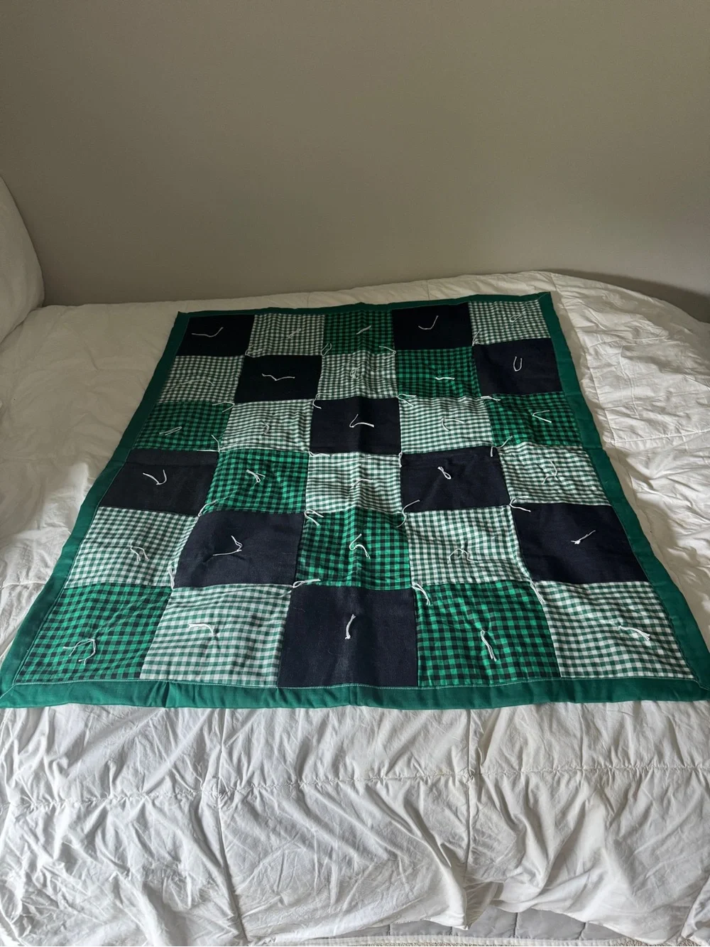 Handmade Green Patchwork Quilt 44x38 - Vintage Style Gingham Checkered Lap Quilt
